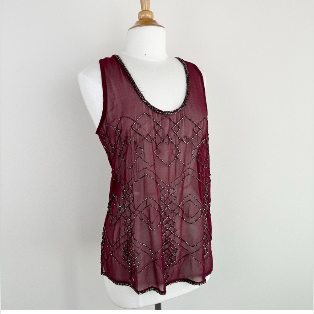 BKE Boutique Women's Burgundy Sheer Chenille Beads Tank Top Size Small Sequins